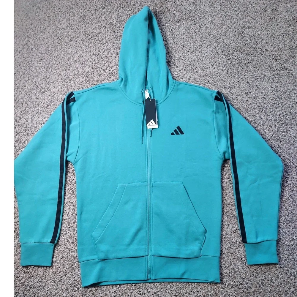 Adidas Hoodie Mens MT Teal Full Zip 3-Stripe Athletic Fleece Sweatshirt NEW